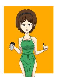 1girls apron apron_only bangs breasts brown_eyes brown_hair cleavage clothed clothing confusion cup female female_focus female_only godzilla:_city_on_the_edge_of_battle godzilla:_monster_planet godzilla:_the_planet_eater godzilla_(series) green_apron hips human human_only iced_latte_with_breast_milk lactating lactation looking_at_viewer marker meme milk mostly_nude naked_apron nude orange_background polygon_pictures revealing_clothes short_hair solo solo_female solo_focus stray_123 thick_thighs thighs toho toho_(film_company) wide_hips yuko_tani