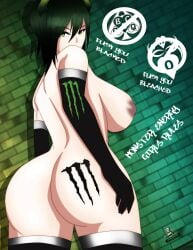 1girls ass_focus ass_tattoo back_view devil_girl elbow_gloves female from_behind gloves green_eyes horn horns huge_ass huge_breasts human monster-chan monster_energy noir-black-shooter nude original short_hair solo standing tattoo tattoo_on_butt thick_thighs thighhighs wide_hips