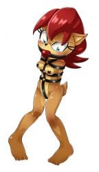 absurd_res angry angry_face anthro archie_comics ball_gag blush bondage bound breasts chipmunk female gag gagmanzx ground_squirrel harness hi_res leather leather_harness mammal nipple_tape pasties rodent sally_acorn sciurid sega solo sonic_(series) sonic_the_hedgehog_(archie) sonic_the_hedgehog_(comics) tape