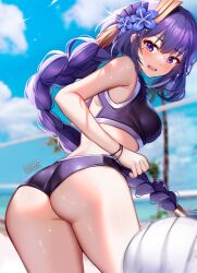 1girls 2022 ass athletic athletic_female beauty_mark blush female female_only genshin_impact hair_ornament hips large_ass long_hair mole_under_eye outdoors purple_eyes purple_hair raiden_shogun short_shorts shorts slim_waist sports_bra sportswear sporty squchan thick_thighs thighs very_long_hair volleyball volleyball_uniform wide_hips