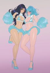 2boys akiyama_sosa black_hair blue_hair blush cheerleader crossdressing femboy light-skinned_male miniskirt panties striped_panties