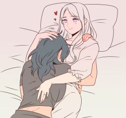 2020 2girls back bare_arms bed_sheet black_clothing black_hair blush breasts byleth_(fire_emblem) byleth_(fire_emblem)_(female) clothing cuddling dress edelgard_von_hresvelg english_text eyebrows_visible_through_hair female female_only fire_emblem fire_emblem:_three_houses frills hand_on_head hand_on_shoulder head_pat highres hug long_hair looking_at_another looking_down lying lying_on_person medium_breasts multiple_girls muscles muscular muscular_female nintendo nuzzling on_back on_stomach open_mouth panties pillow purple_eyes radiostarkiller ring shirt silver_hair speech_bubble teeth text thighs underwear wedding_ring white_clothing white_panties wholesome wife_and_wife yuri