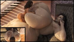 2018 2girls 3d absurdres bedroom big_breasts black_hair breast_grab breast_squish breasts brown_hair curly_hair daz3d dinner-kun female female_only highres huge_breasts human lactation larger_female milk naked nipples nude nude_female original_character ruby_(dinner-kun) size_difference smaller_female squish vampire watermark