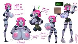 areolae big_breasts bouncing_breasts breast_grab breasts busty character_sheet cleavage dialogue flashing gattles green_eyes huge_breasts inconvenient_breasts model_sheet mre_(gattles) nipples original original_character pink_hair presenting presenting_breasts puffy_areola red_hair robot robot_girl shirt_lift shoes short_hair shortstack slim_waist small_hips solo sports_bra tank_top tank_top_lift text tight_clothing top_heavy undressing