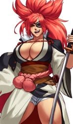 1girls absurd_res baiken big_breasts clothed eye_patch guilty_gear hi_res holding_weapon katana large_breasts looking_at_viewer open_mouth red_eyes scar scar_across_eye simple_background solo sotcho sword white_background