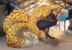 1futa 3_tails absurd_res anthro araivis-edelveys bell bell_collar blue_hair blue_nipples blue_tongue bodily_fluids breasts breeding_mount breeding_mount_use cheetah collar cum dipstick_tail ejaculation eyewear felid felid_taur feline furry futa_only futanari genital_fluids glasses gloves_(marking) gynomorph hair hi_res intersex leg_markings looking_pleasured mammal mammal_taur markings masturbation multi_tail nipples nude open_mouth socks_(marking) solo tail_markings taur tongue