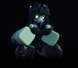 1girls 3d artist_request black_fur breast_grab breasts female furry green_eyes masturbation pussy roblox robloxian source_request tagme vagina