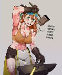 1girls abs armpit bandana blacksmith dialogue drawsloods female female_only green_eyes gureko11 hammer holding hot_metal human large_breasts long_hair minayle monster_hunter monster_hunter_rise muscular muscular_female pale-skinned_female pale_skin red_hair smithing sweat sweaty tank_top thighs tomboy wiping_sweat