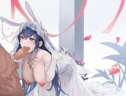 1boy 1girls areolae artist_request azur_lane big_penis blue_eyes blue_hair breasts bridal_gauntlets bridal_veil bunny_ears censored censored_penis cheek_bulge dark-skinned_male dark_skin eagle_union_(azur_lane) fellatio large_breasts leaning_forward light-skinned_female light_skin long_hair new_jersey_(azur_lane) new_jersey_(snow-white_ceremony)_(azur_lane) nipples official_alternate_costume oral oral_sex penis pixelated sex wedding_dress wedding_veil