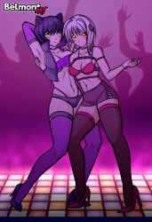 2girls belmont2121 black_hair blake_belladonna cat_ears dancing gold_eyes high_school_dxd koneko_toujou rave rave_outfit rwby