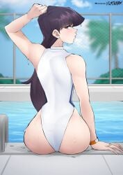 1girls ass big_ass big_butt black_hair clothed female female_only flytrapxx komi-san_wa_komyushou_desu komi_shouko long_hair looking_at_viewer looking_back one_arm_up one_eye_closed pool poolside purple_eyes sitting solo solo_female swimsuit swimwear wet wet_skin wide_hips