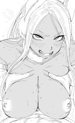 1boy 1girls alternate_breast_size big_breasts blush breasts bunny_ears dark-skinned_female dark_skin engulfing_paizuri female happy happy_paizuri happy_sex huge_breasts interracial kaiman_garupan large_breasts looking_at_viewer male miruko monochrome my_hero_academia nipples nude nude_female open_mouth open_smile paizuri paizuri_lead_by_female paizuri_on_lap pov pov_eye_contact precum rumi_usagiyama smile straight sweat