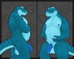 5:4 animal_humanoid anthro anus balls belly big_belly blue_body blue_nipples blue_penis bodily_fluids chonky claws countershade_face countershade_torso countershading cum cum_drip digital_media_(artwork) dragomar drake1dragon dripping front_view genital_fluids genitals hand_on_stomach hi_res holding_belly humanoid humanoid_genitalia leaking leaking_cum leaking_precum lizard looking_at_viewer male muscular muscular_anthro muscular_male navel nipples nude overweight overweight_anthro overweight_male pecs penis precum precum_drip reptile scalie scalie_humanoid side_view simple_background smile solo standing striped_body stripes tail text yellow_eyes