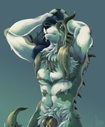 anthro canid canine canis dreythalion drying fluffy hair hi_res knot long_hair male mammal monster muscular pinup pose pubes serialdad shower solo spines towel waist_up wet wolf