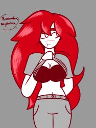 artist_request artist_unknown blush bra flashing overly_sarcastic_productions red_(overly_sarcastic_productions) red_hair sole_female solo tagme very_long_hair youtube