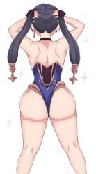 1girls ass ass_focus back_view big_ass clothing curvy dark_blue_hair dat_ass djames earrings female female_only genshin_impact hips huge_ass large_ass legs leotard mona_(genshin_impact) solo_female tagme thighs topwear twintails