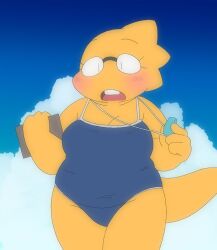 1girls 2d alphys aruput aruput_ut big_breasts blush chubby female female_only humanoid lifeguard lizard_girl lizard_humanoid one-piece_swimsuit solo swimsuit tagme thick_thighs undertale undertale_(series)