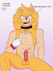 1boy abs cleetusnsfw fleetway_comics fleetway_super_sonic hedgehog humanoid male male_only middle_finger mobian_(species) sega solo sonic_(series) sonic_the_hedgehog sonic_the_hedgehog_(series) text tongue watermark yellow_fur