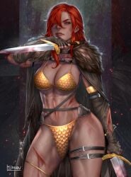 1girls big_breasts bikini_armor blood cape cleavage cowboy_shot dagger dual_wielding dynamite_comics female female_only gold_bikini hibren injury navel red_hair red_sonja sexy_no_jutsu