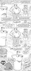 1girls 3boys aqua_teen_hunger_force bad_end bald bb_(baalbuddy) carl_brutananadilewski cleavage comic dialogue dress elf elf_ears elf_female feet female female_focus frylock funny hairy hairy_male heels huge_breasts inviting_to_sex master_shake meatwad monochrome pointy_ears stitched text