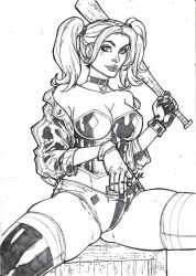 1girls baseball black_and_white collar dc_comics female_only harley_quinn lcfreitas pigtails sketch tagme