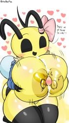 annabee_(woebeeme) bee big_breasts blush cum cum_on_body cum_on_breasts heart paizuri perpendicular_paizuri small_penis small_penis_adoration smile smiling text woebeeme