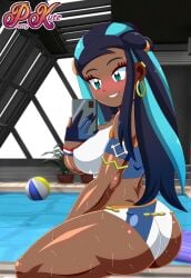 black_hair blue_eyes blue_hair blush blushing dark-skinned_female dark_skin game_freak gym_leader nessa_(pokemon) nintendo pk-studios pokemon pokemon_ss selfie swimming_pool swimming_suit swimsuit swimwear taking_photo taking_picture taking_selfie wet_body wet_skin