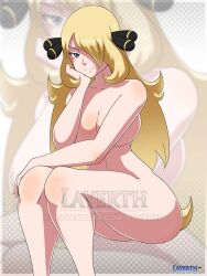 bad_censor blonde_hair breasts casual_nudity covering cynthia_(pokemon) female female_only layerth naked nintendo nude pokemon solo tagme watermark