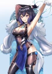 1girls alternate_costume armpits asymmetrical_gloves bangle bare_shoulders bead_choker blue_dress bob_cut bracelet breasts cleavage contrapposto cosplay cowboy_shot dice dress elbow_gloves feather-trimmed_jacket feather_collar female female_only fire_emblem fire_emblem_awakening fur-trimmed_jacket fur_trim genshin_impact gloves gradient gradient_background grin hair_between_eyes highres jacket jacket_on_shoulders jacket_over_shoulder jacket_removed jewelry large_breasts light_blue_background looking_at_viewer mismatched_gloves morgan_(fire_emblem) morgan_(fire_emblem)_(female) multicolored_hair neck_ring neck_tassel nintendo pants parted_lips pelvic_curtain purple_eyes short_hair single_elbow_glove smile solo source_larger tassel tassel_choker thighhighs tight tight_pants twt_zet vision_(genshin_impact) waist_cutout white_jacket yelan_(genshin_impact) yelan_(genshin_impact)_(cosplay) zet_(twt_zet)