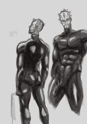 1boy alien ass bulge butts_art darth_maul horns latex latex_suit looking_at_viewer male male_focus male_only muscular muscular_male sketch solo star_wars whip zabrak