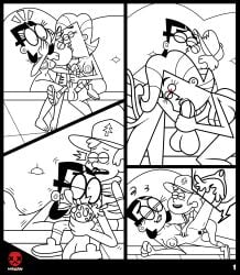 1boy 2girls black_hair black_pubic_hair blowjob boobs breasts comic couch couch_sex creampie cum cum_in_mouth cum_in_pussy cum_inside dipper_pines double_handjob female glasses gravity_falls handjob hat male male/female mature mature_female mayin milf monochrome nicky_(fairly_odd_parents) nipples nude nude_female older_female partially_clothed partially_clothed_male partially_clothed_male_nude_female pubic_hair straight_hair the_fairly_oddparents timmy's_mom vaginal_penetration younger_male