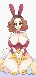 1girls 2022 :3 adorable aidancore animals atlus breasts brown_eyes brown_hair bunny_ears bunny_girl bunny_tail bunnysuit chick curly_hair cute easter_egg egg female haru_okumura highleg_leotard hips huge_breasts kneeling leotard looking_at_viewer persona persona_5 sega short_hair slim_waist smile thick_thighs thighs wholesome wide_hips