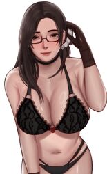 1girls beauty_mark black_bra black_panties brown_eyes brown_hair cleavage dead_or_alive dead_or_alive_xtreme_venus_vacation edmun glasses gloves highres huge_breasts lace-trimmed_bra lace-trimmed_panties long_hair looking_at_viewer navel sayuri_(dead_or_alive) semi-rimless_eyewear underwear white_background