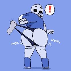 ! ass ass_focus big_ass big_butt bottomless bouncing_butt bubble_ass bubble_butt femboy feminine_male looking_at_viewer looking_back monster mriii4327 sans skeleton surprised surprised_expression undertale undertale_(series) wedgie