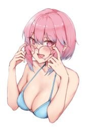 1girls adjusting_glasses bikini blue_bikini blush cleavage eyebrows_visible_through_hair female_focus glasses large_breasts looking_at_viewer matching_hair/eyes mostly_nude open_mouth pink_eyes pink_hair plain_background sae_(vtuber) slime_girl slime_hair solo_female unknown_artist virtual_youtuber white_background