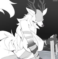 4_fingers animal_ears anthro anthro_only areolae artist_name bandage_on_hands bandage_on_hips bath beast_(bloodborne) bloodborne breasts cooliehigh covered_eyes female fluffy fromsoftware furry holding_object horns huge_breasts hyper_hips monochrome nipples tagme tail vicar_amelia