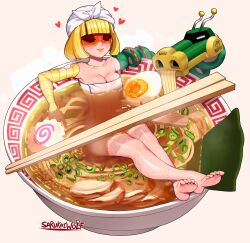 arms_(game) barefoot bathing blonde blush bob_cut breasts chopsticks closed_eyes eyes_closed feet female female_only long_legs min_min_(arms) nintendo pale-skinned_female ramen ramen_bath relax sarukaiwolf short_hair soles solo steam tagme toes towel