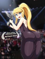 1girls artist_name ass audience award award_ceramony backless_dress black_dress blonde_hair blue_eyes canadiananiguy dress english_text goty huge_ass medium_breasts metroid ponytail samus_aran text the_game_awards