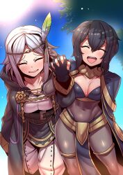 2girls anklet black_hair blush bodystocking breasts cape circlet cleavage closed_eyes coat commission cosplay covered_navel feather_hair_ornament feather_in_hair feathers female female_only fire_emblem fire_emblem_awakening gloves hair_ornament headband highres holding_hands jewelry leaning_forward light_blush loincloth medium_breasts morgan_(fire_emblem) morgan_(fire_emblem)_(female) multiple_girls navel nintendo noire_(fire_emblem) open_mouth pants pelvic_curtain robin_(fire_emblem)_(cosplay) siblings sisters skeb_commission smile sun tharja_(fire_emblem)_(cosplay) thighlet tree tsuki_wani tsukiwani tukiwani white_hair wide_hips