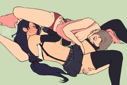 2girls 69 absurdres aerith_gainsborough black_hair blush breasts brown_hair clothes_lift elbow_gloves final_fantasy final_fantasy_vii final_fantasy_vii_remake gloves highres implied_fingering long_hair low-tied_long_hair multiple_girls nipples panties red_panties shirt_lift skirt soushiyo soushiyox suspenders thighhighs tifa_lockhart toned underwear yuri