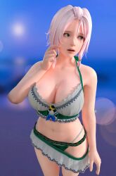 1girls 3d big_ass big_breasts bikini blue_eyes dead_or_alive dead_or_alive_xtreme_venus_vacation depth_of_field hand_to_face hand_up large_breasts lips looking_to_the_side luna_(doa) navel sidelocks swimsuit white_hair