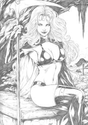 big_breasts breasts chaos_comics coffin_comics death_(personification) delison dominant_female ed_benes_studio female female_only goddess grim_reaper holding_scythe lady_death latex_stockings medium_breasts monochrome queen_of_the_dead scythe seductive_look