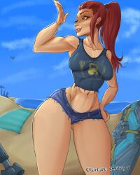 1girls 2d abs bare_legs bare_thighs beach booty_shorts brigitte creaturecandy cut_clothes cut_clothing female female_only hips hourglass_figure muscles overwatch short_shorts shorts solo thighs thunder_thighs