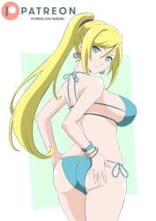 aqua_eyes bikini blonde_hair blue_bikini cupping_ass earrings looking_back metroid noboru_revista ponytail samus_aran side-tie_bikini smile