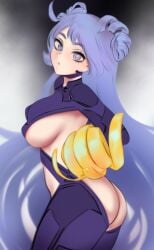 1girls ass blue_eyes blue_hair breasts evil_face female female_human female_only hero_outfit_(mha) human long_hair my_hero_academia nejire_hado shpo solo solo_female superhero_costume superheroine thighs twirling_hair