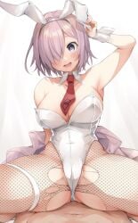 1boy 1girls blush bunny_ears bunny_girl bunnysuit cleavage_cutout fate/grand_order fate_(series) fishnet_legwear hair_over_one_eye komekueyo looking_at_viewer male_pov mash_kyrielight open_mouth pantyhose pink_hair pov purple_eyes ripped_pantyhose short_hair simple_background smile tagme teeth tie tongue torn_clothes torn_legwear torn_pantyhose white_background white_bunny_ears white_bunnysuit