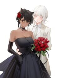 2girls androgynous bangs bare_shoulders black_choker black_dress black_flower black_gloves blush bouquet breasts choker cleavage collared_shirt dark-skinned_female dress elbow_gloves female female_focus flower formal girl_in_suit gloves hair_flower hair_ornament hair_ribbon hand_on_another&#039;s_hip highres holding_bouquet holding_flower jacket large_breasts looking_at_another looking_at_viewer micchan_(ohisashiburi) multiple_girls nacchan_(ohisashiburi) nail_polish necktie ohisashiburi original original_character original_characters pants red_flower ribbon shirt short_hair smile suit sweatdrop tomboy very_short_hair vest wedding_dress white_hair white_jacket white_nails white_ribbon white_shirt wholesome yuri