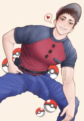 baseball_cap big_bulge boner brown_eyes brown_hair bulge courier_(pokemon) dick erect_penis erection erection_under_clothes hard_on huge_bulge image_set looking_at_viewer male male_only muscles muscular muscular_male onglai87 pokeball pokeballs pokemon pokemon_sv solo solo_male spread_legs