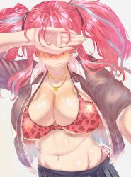 1girls 2022 azur_lane beauty_mark belly_button_piercing blush bra breasts bremerton_(azur_lane) covered_eyes embarrassed female hips huge_breasts leopard_print long_hair mole_on_breast mole_under_eye necklace open_clothes pink_hair selfie short_skirt simple_background skirt sweat sweaty_body thick_thighs thighs twintails wakura_(gcdan) wide_hips