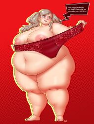 1girls alternate_body_type ann_takamaki atlus bbw better_with_salt big_belly blonde_hair fat female full_body huge_breasts lingerie nervous nervous_smile nude nude_female obese overweight overweight_female persona persona_5 red_background sega solo standing twintails